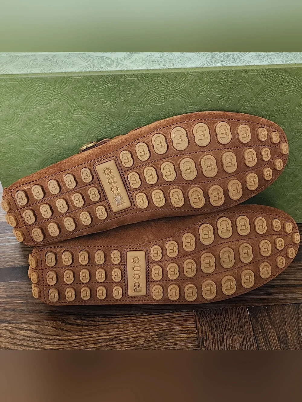 $950 Brand New Gucci GG Men's Brown Suede Driver Loafers G7.5 US 8